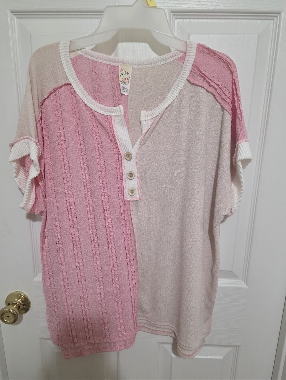 7th Ray Two-Tone Pink & White Short Sleeve Henley